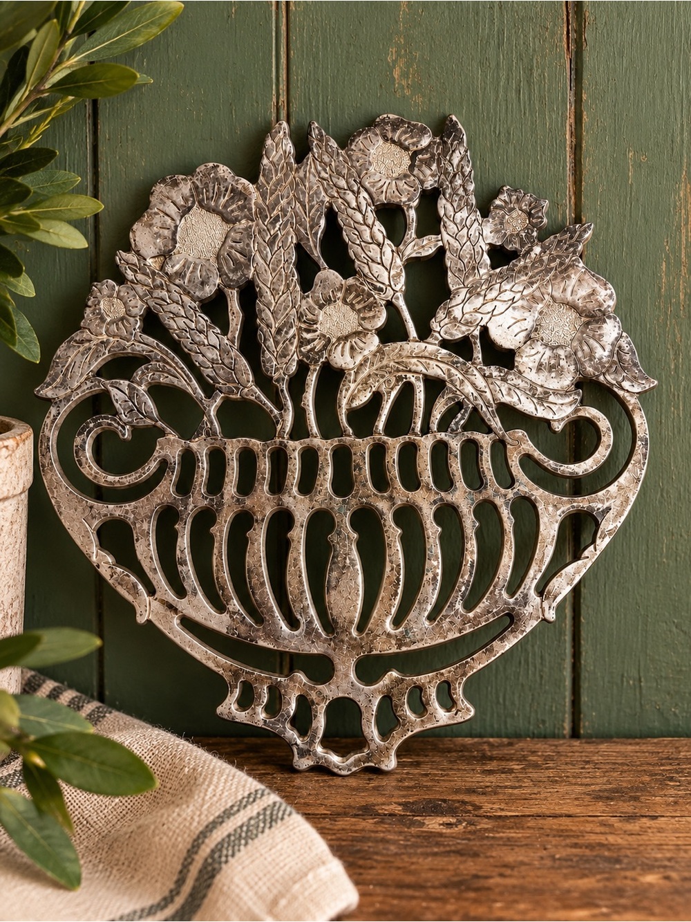 Vintage Piero Maestri Italy Silver Floral Basket Trivet Wall Decor